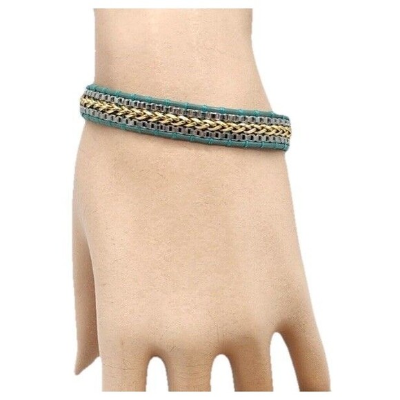 Stella & Dot Wrap Bracelet Silver & Gold Braided Teal Leather Cord Adj 6.5"-8.5" - Picture 12 of 12